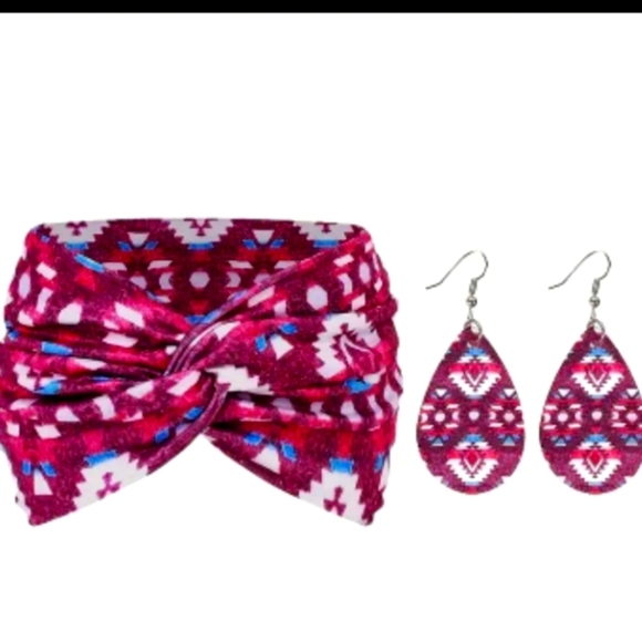 Accessories - 2 Piece Tribal CrissCross Knotted Hairband and Matching Print Drop Earrings